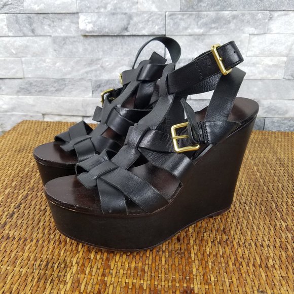 Cute ASH Black Leather Strappy Wedge Heels - Picture 1 of 7